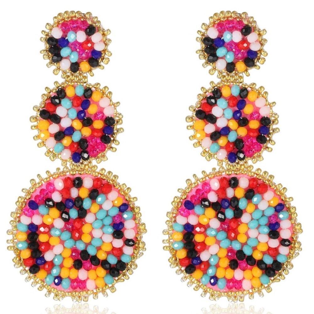Multicolored and Gold Beaded Triple Disc Round Boho Drop Statement Post Earrings